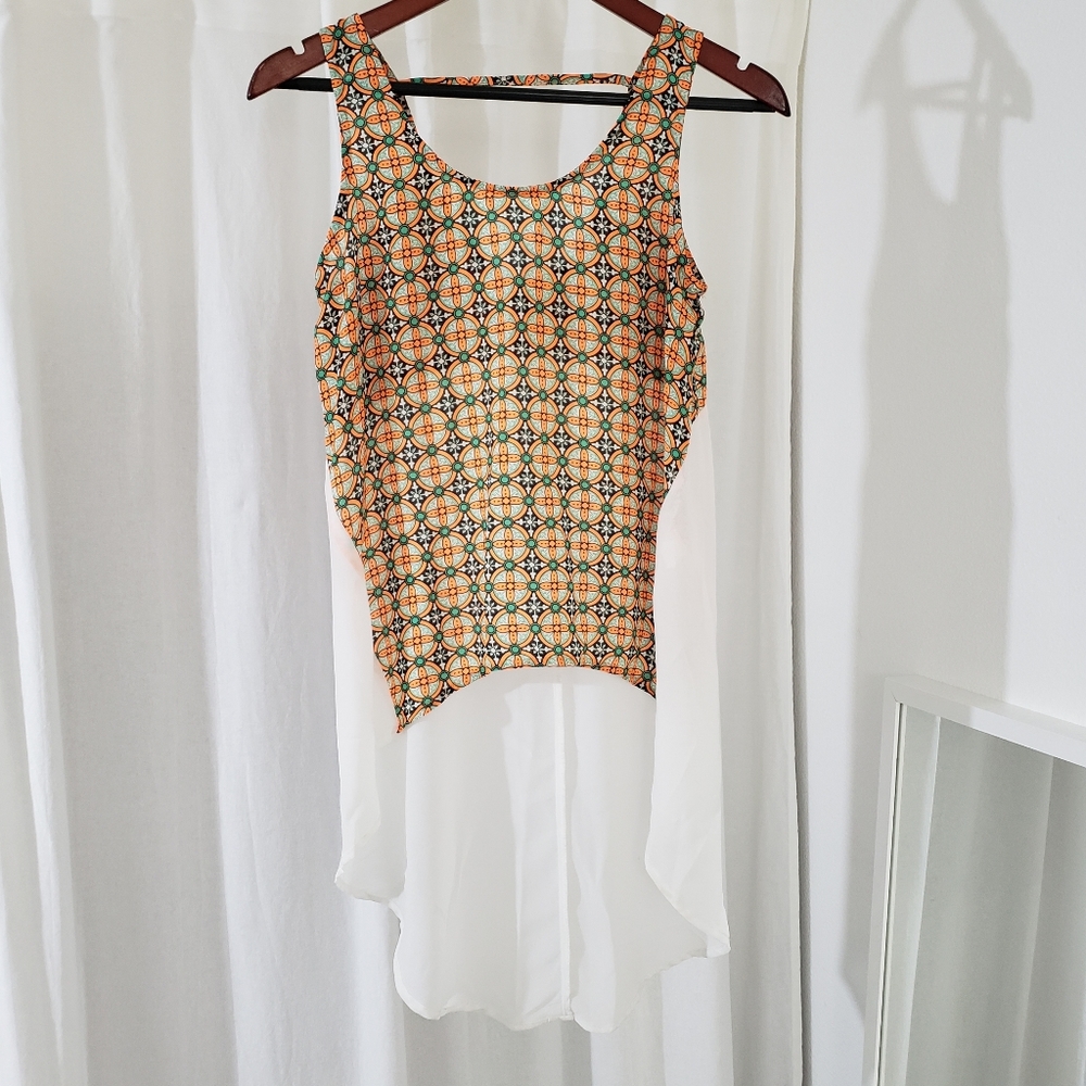 High-Low Orange Green Patterned Scoop Neck Sheer Tank Top Blouse Women's Size S